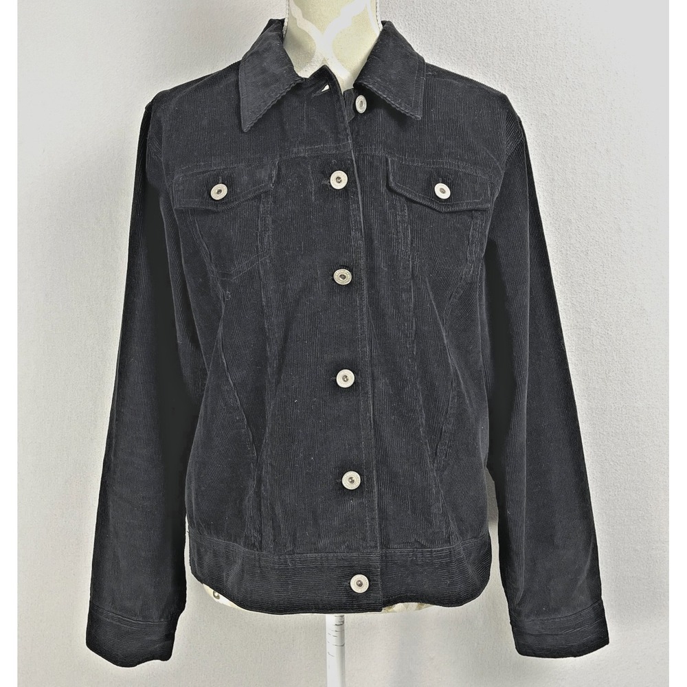 Vintage Black Corduroy Trucker Jacket Womens Size L Cotton Button - Picture 2 of 8
